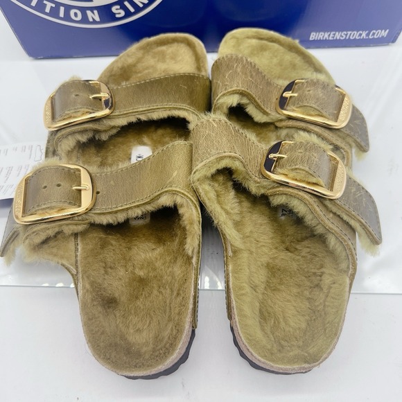 Birkenstock Arizona Big Buckle Shearling Olive Green Sandals Oil Leather EU 37 - Picture 12 of 13